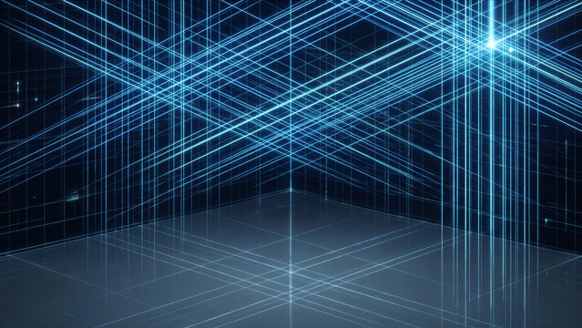 サイバー空間に広がる量子シナプス網と直交データハブの3D背景