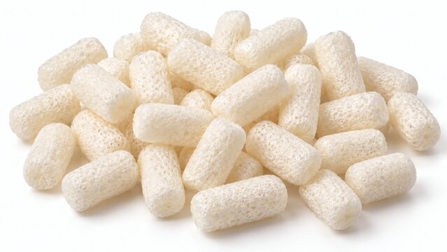 Loose Cluster of Biodegradable Expanded Cornstarch Void-Fill Packing Peanuts on White