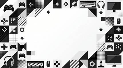 Gaming background featuring black and white controllers headsets and keyboard icons art. © Alfik A