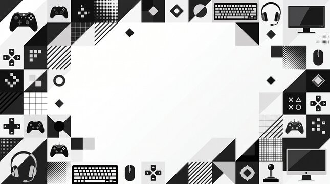 Gaming background featuring black and white controllers headsets and keyboard icons art.
