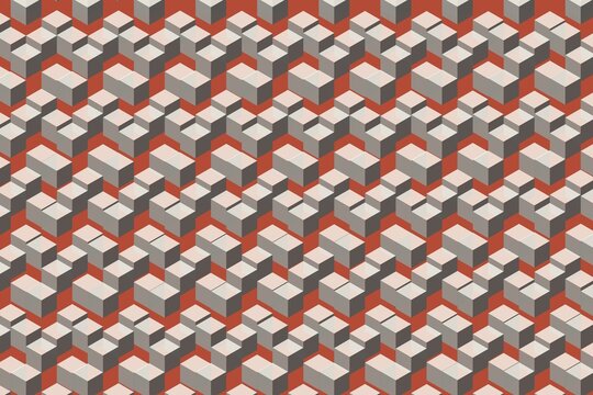 Isometric cube pattern with geometric gray blocks on terracotta floor.