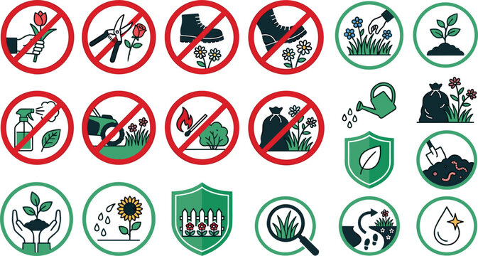 Garden Rules and Environmental Protection Icon Set Featuring Prohibited Actions and Eco Friendly Plant Care Care Symbols for Public Parks and Botanical Botanical Gardens