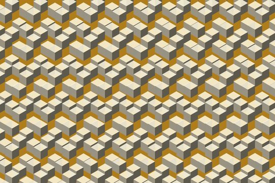 Isometric pattern of three dimensional stacked cubes on golden surface.