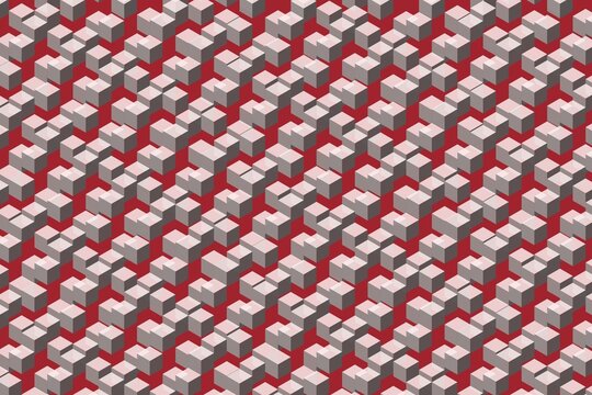 Isometric red background featuring repeating light grey cube block pattern.