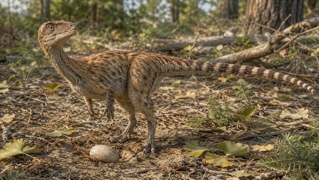 Small Feathered Theropod Dinosaur Foraging in a Sunlit Forest
