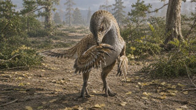 Feathered Dinosaur Preening Its Wing Feathers in a Misty Forest