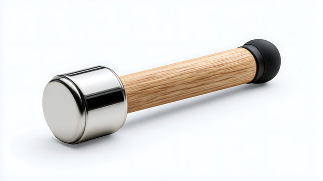 Medical reflex hammer with a polished metal head and wooden handle on white