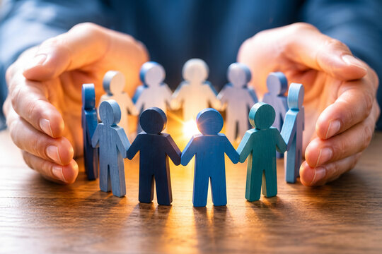 Hands protecting a circle of colorful wooden human figures on a wooden table, representing teamwork, unity, community, and social support