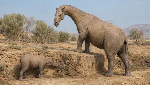 Paraceratherium Adult and Calf in an Arid Badlands Landscape