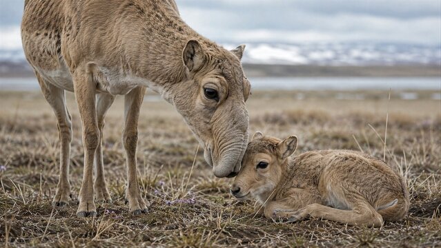 Adult Saiga Antelope Nuzzling Its Fawn on the Tundra
