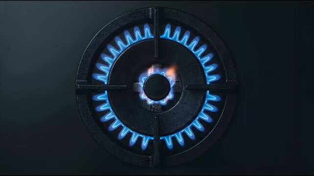 Top view of a burning gas stove burner with blue flames igniting on a modern kitchen hob