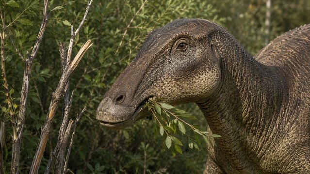 Hadrosaur Dinosaur Browsing on Green Leaves in a Lush Forest