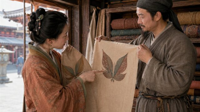 Man and Woman Examining Fabric with a Painted Leaf Motif