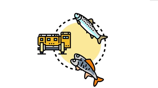 Marine fish breeding facility drawing showing fish production for food or commercial purposes, a modern aquiculture farm management process