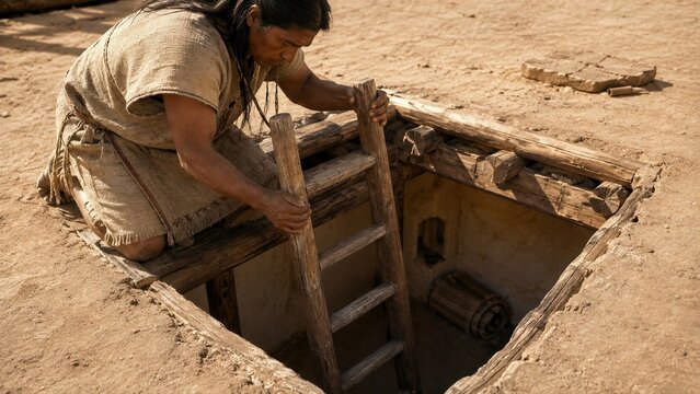 Indigenous Man Descending a Wooden Ladder into an Earthen Dwelling