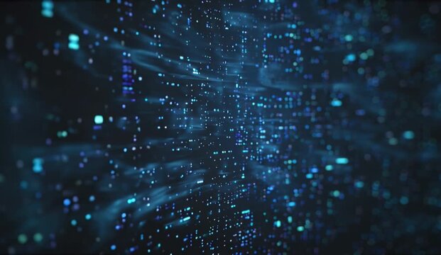 Abstract visualization of several distant computational clusters independently processing microscopic data particles, periodic synchronized pulses transfer only subtle information between clusters