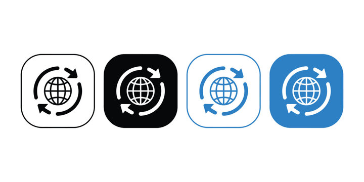 Globe icon with circular arrows representing worldwide exchange, global transfer, international communication, trade, and continuous business cycle