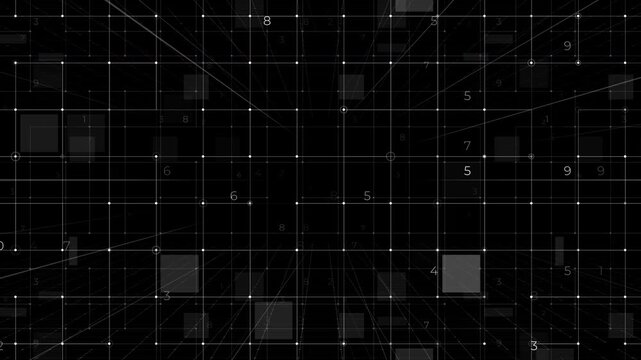 Digital network grid connecting data points and numbers
