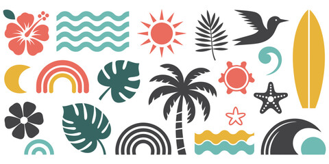 stylized summer themed illustrations featuring flowers, palm trees, sunshine, ocean waves, rainbow elements, tropical scenery, vibrant vacation graphics, colorful vector artwork.   © MD FARIDUL