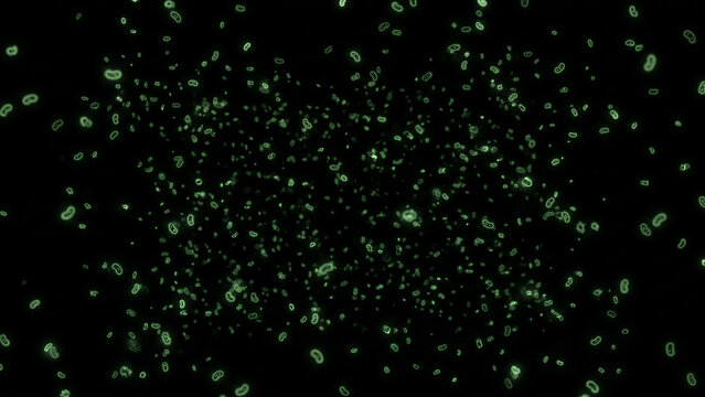 暗黒の真空空間に浮かぶ緑色の微生物アイコンと拡散光の3D背景