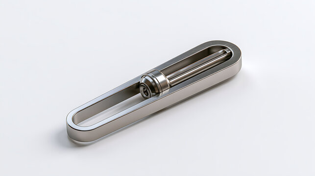 Silver metal tuning fork rests on a plain white background