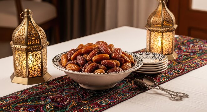 Elegant iftar table setting with a ceramic bowl of dried dates, traditional lanterns, and warm ambient lighting on a blurred background, natural, interior, evening