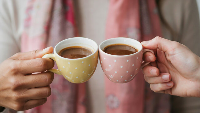 two people holding and toasting with small polka dot coffee cups