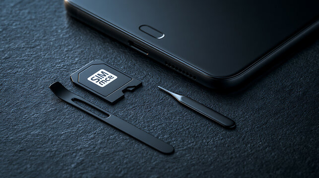 Sim card ejector tool and smartphone on a dark textured surface