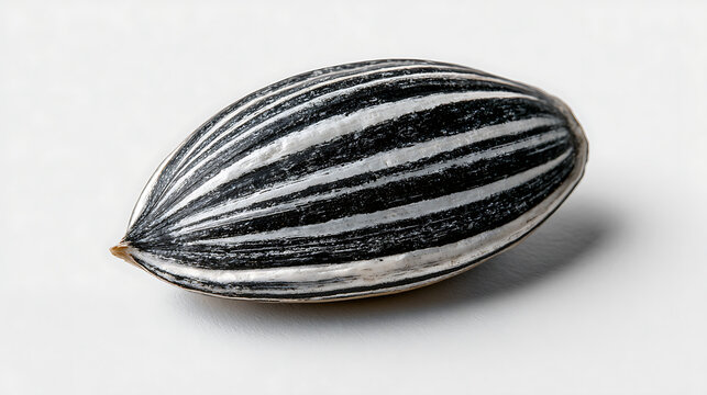 A single sunflower seed displays black and white stripes against a white background