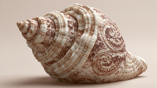A patterned whelk seashell rests on a neutral beige surface