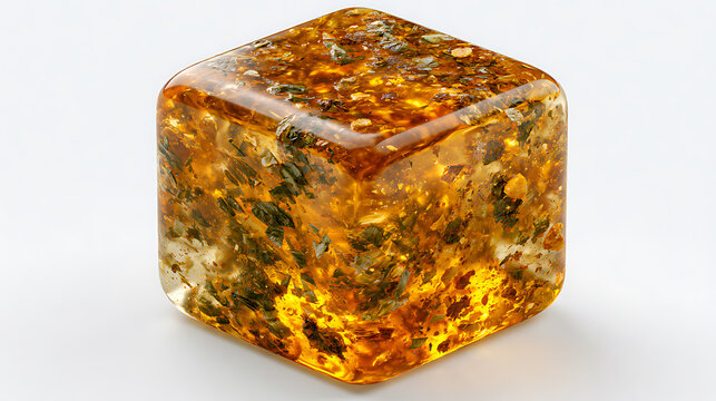 Translucent amber bouillon cube with embedded herbs rests on a white surface