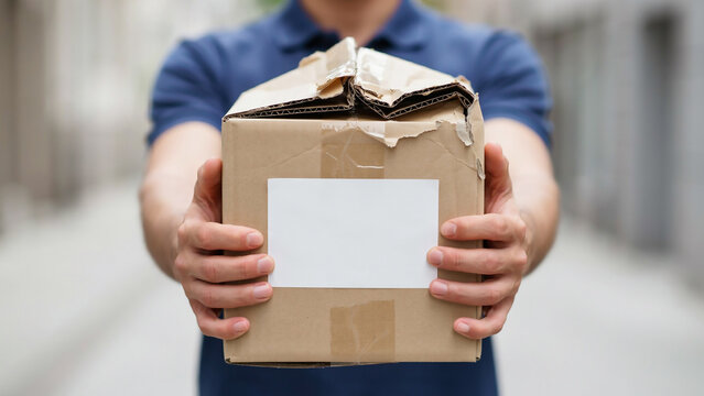delivery person holding damaged cardboard box with blank shipping label