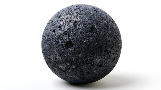Textured black volcanic rock sphere isolated on white background