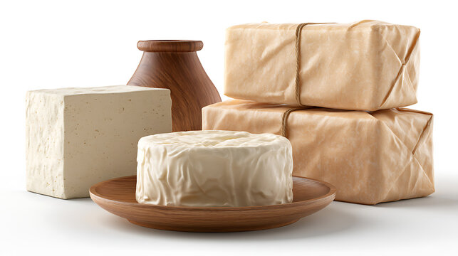 Assortment of soft cheeses and tofu block on a white background