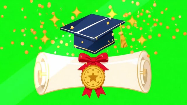 Animated graduation mortarboard cap and diploma scroll on green screen