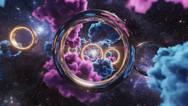 Neon lit clouds swirling in space with colorful rings float amidst these clouds