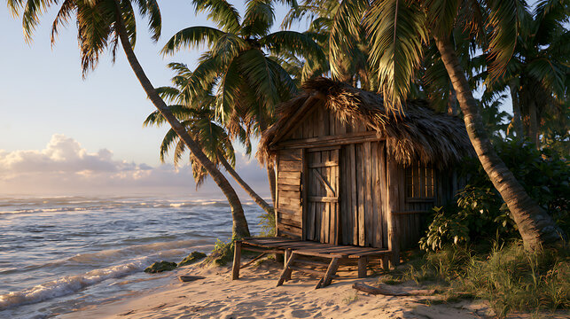 Wooden beach hut nestled among palm trees overlooks a sandy shoreline