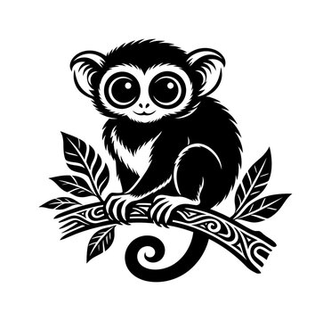 Cute monkey animal illustration sitting on tree branch in black and white style