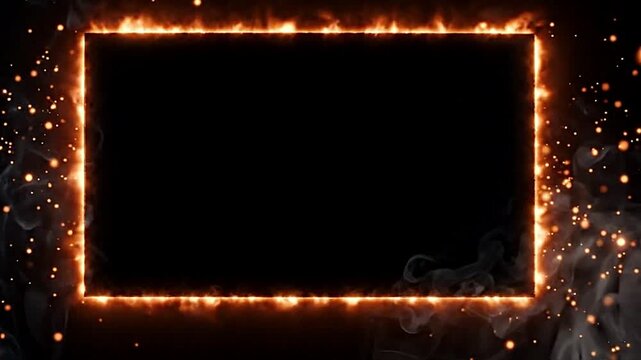 Fiery rectangular frame border with intense glowing embers and swirling smoke motion video footage effects