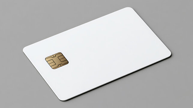 White plastic card with gold chip isolated on a gray surface