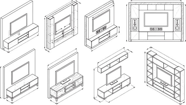 Set of isometric television wall unit furniture designs with technical dimension lines and architectural sketch style