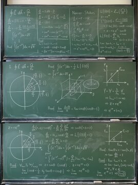 Complex Mathematical and Physical Formulas and Equations Written with White Chalk on Green Chalkboards in a Classroom
