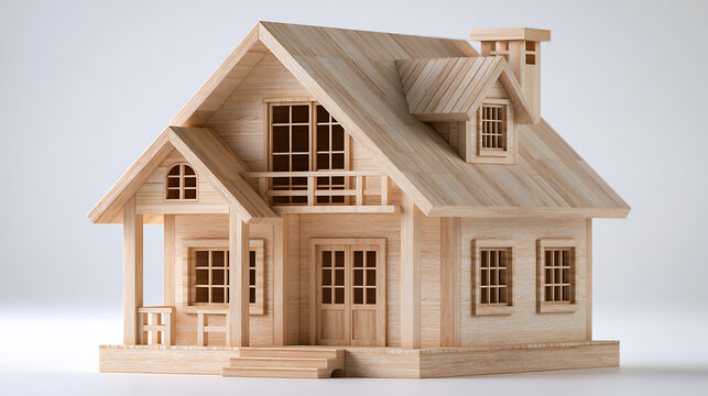 Wooden model house with detailed architecture stands on a white background