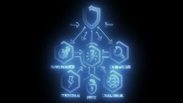 Glowing neon blue flowchart showing central shield protection security protocols technical operations and search analysis