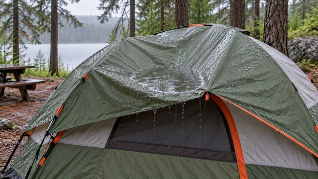 Camping tent with large visible depression in loose rainfly where rainwater has collected overhead, realistic improper tent tension problem, rainy campground