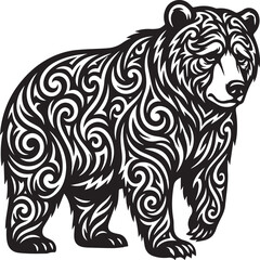 Obraz premium Standing grizzly bear in a complex tribal tattoo style with black and white swirling patterns on a white background