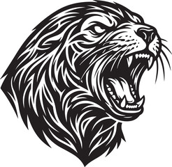 Obraz premium Roaring panther head in a sharp tribal tattoo style with black and white swirling patterns on a white background