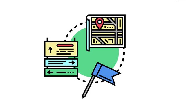 Directional signs, map with a location pin, and a travel flag symbolizing concepts of route planning, guidance, journey mapping out, and choosing a path for exploration