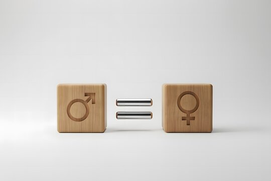Minimalist 3d render of wooden cubes featuring male and female gender symbols connected by an equal sign on a neutral white background representing gender equality concept