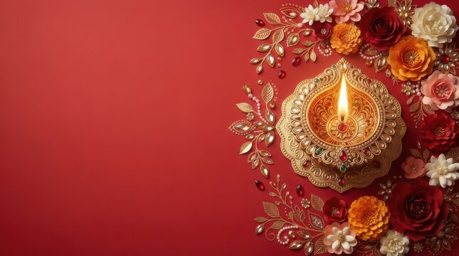 Golden lit diya on red background with paper flowers